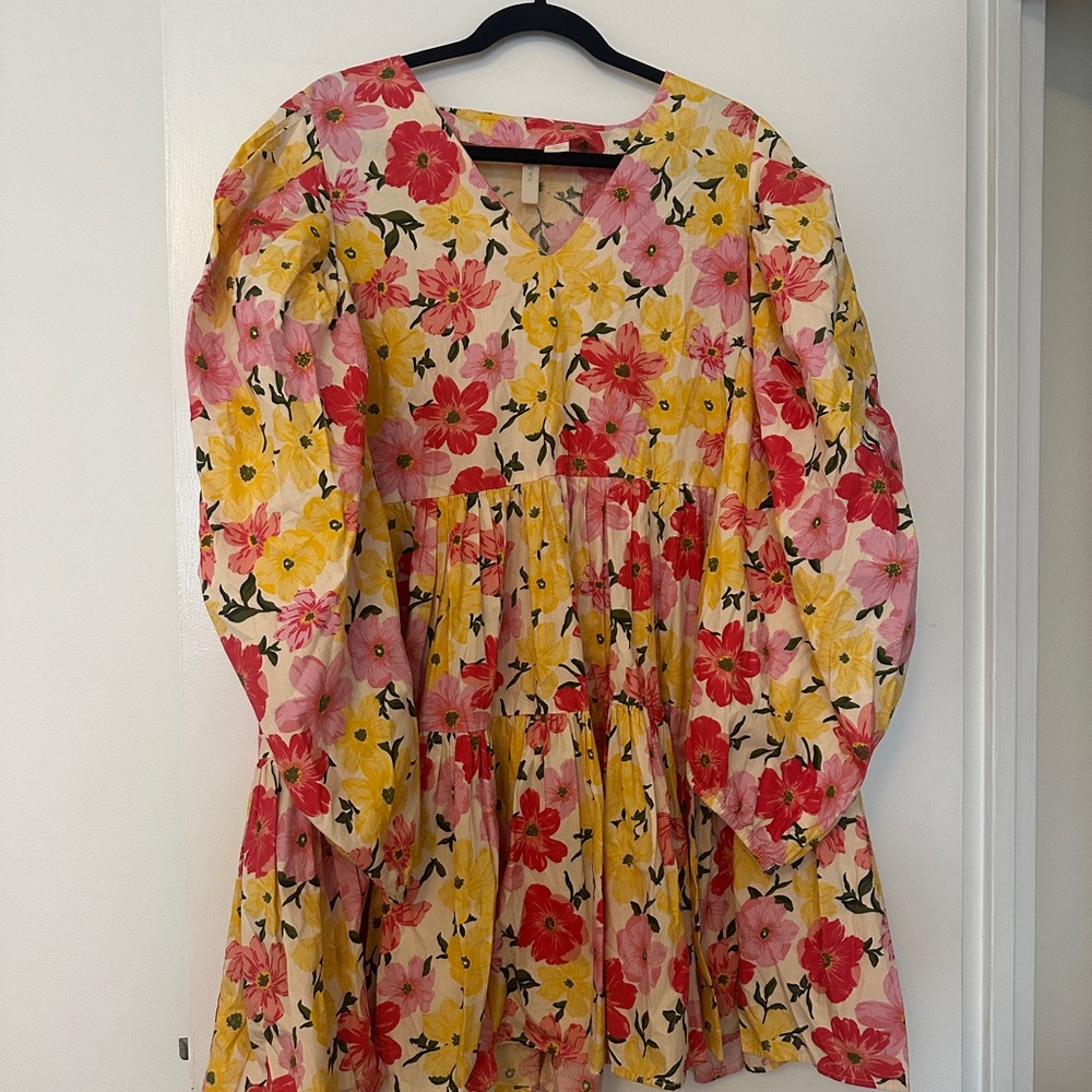 Floral Tiered V-Neck Dress - Pink, Yellow